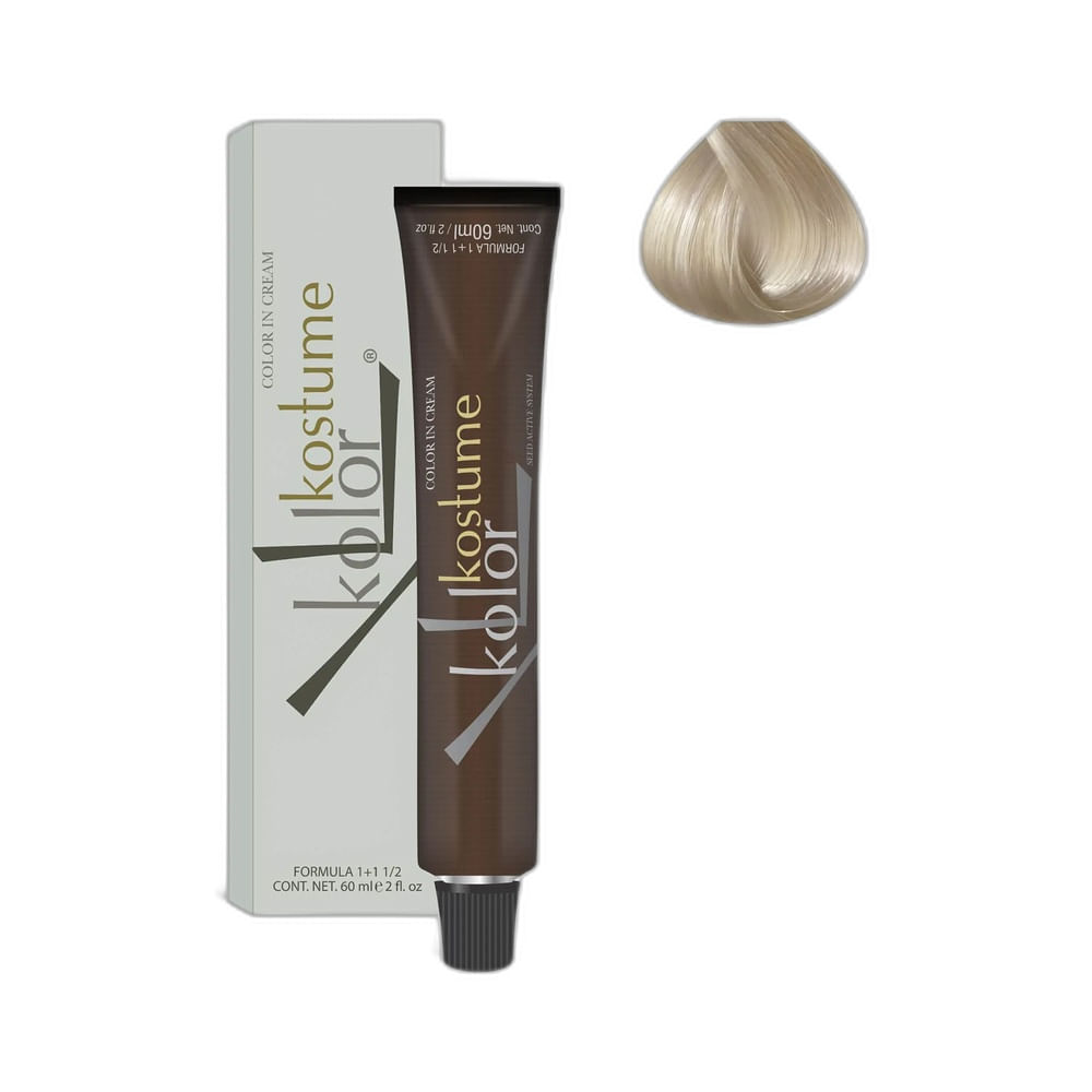 Coloração Kostume Kolor 12.89 Loiro Extra Claro Pérola Intenso - embalagem e amostra da cor